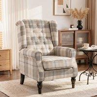 HOMCOM Accent Chair Wingback Armchair Retro Tufted, Khaki Plaid