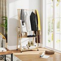 HOMCOM Bamboo Clothes Rail Rack with 2 Storage Shelves, Natural Wood Effect