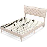 FLAVORA King Upholstered Platform Bed with Wood Slats in Beige