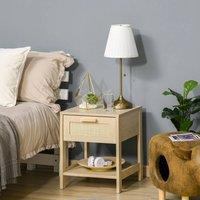 FORGEVIO Bedside Table Nightstand W/ Rattan Drawer Storage in Light Oak