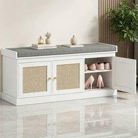 ERGOVEXA White Shoe Storage Bench with Woven Rattan Doors & Cushion Seat