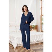 MODISHION Women's Lightweight V-Neck Two-Piece Pyjama Set in Navy | Size: Medium