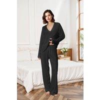 MODISHION Women's Lightweight V-Neck Two-Piece Pyjama Set in Dark Grey | Size: Medium