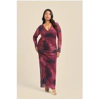 FASHION-SZN Women's Curve Plunge Neck Burgundy Ruched Mesh Midaxi Dress | Size: 20