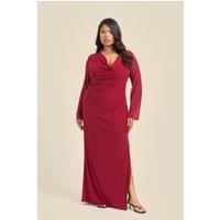 FASHION-SZN Women's Plus Size Burgundy Long Sleeve Cowl Neck Mesh Maxi Dress in Dark Red | Size: 22