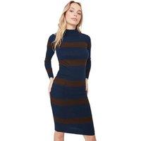 WOVCOR Women's High Neck Striped Ribbed Long Sleeve Midi Knit Dress in Navy | Size: Small
