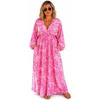 Soul of Sita Women's Caz Kaftan Long in Fusia, Leaf Print with Hand Embellishment in Fuchsia | Size: 18-22