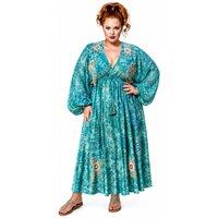 Soul of Sita Women's Caz Kaftan Long in Mint Green, Leaf Print with Hand Embellishment in Aqua | Size: 18-22
