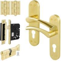 AFIT Satin Brass Euro Thumbturn Cylinder Door Handle Lock Hinges Set in Gold | Size: 150mm x 150mm