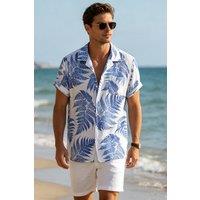 Lovii Men's Men Fern Print Short Sleeve Summer Beach Shirt Blue in White | Size: Medium
