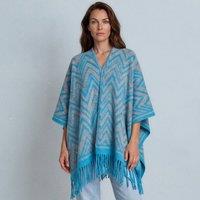 PEACH ACCESSORIES Women's Zigzag Poncho Cape Wrap with Fringe in Blue