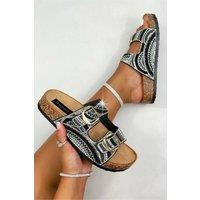 Love Lemonade Women's Sparkly Seaside Luxe Double Buckle Sliders in Black | Size: 5