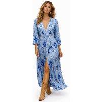 Soul of Sita Women's Blue Aztec print satin button through maxi dress | Size: Large