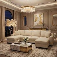FENCHILIN Chenille U-Shaped Sectional Sofa with 2 Storage Chaise Lounges in Beige