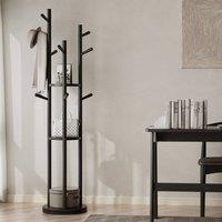 YQJJGL Rotating Solid Wood Coat Rack with 3 Shelves & Hooks Freestanding in Black