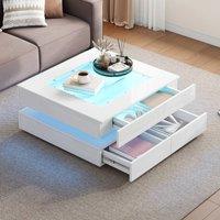 Merax Square High Gloss LED Coffee Table with Tempered Glass Top & 3 Drawers in White