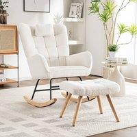 Merax Boucl Fabric Rocking Chair with Footstool & Matching Neck Pillow in White