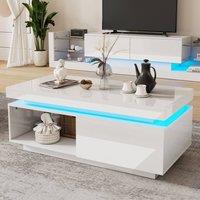 Merax Rectangular White High Gloss LED Coffee Table with Storage Drawer