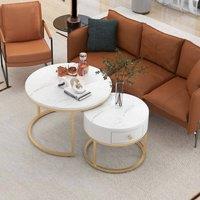 Merax Round Marble Effect Nesting Coffee Table Set of 2 with Drawer in White