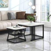 Merax White Marble Effect Square Nesting Coffee Table Set of 2 Metal Frame