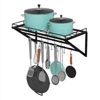 FORGEVIO Wall Mounted Cookware Rail Shelf 12 Hooks Multipurpose Utensil Holder in Black