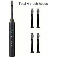 VOGREX Rechargeable Rotating Electric Toothbrush 6 Modes 4 Heads in Black