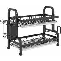 VOGREX 2 Tier Black Dish Drying Rack Removable Drainboard Utensil Holder