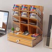 VOGREX Beige Wooden Artists Desk Organiser Marker Storage Box With Drawer