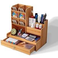 VOGREX Wooden Desk Organiser Pen Pencil Storage Holder Office Tidy Box in Brown