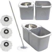 VOGREX Grey 360 Rotating Dual Spin Mop Bucket 3 Microfibre Heads
