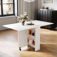 ERGOVEXA Folding Dining Table Drop Leaf Rolling Desk with 2 Storage Shelves in White