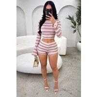 STYLEWISE Women's Stripe Ribbed Long Sleeve Cropped Top & Shorts Co-ord Set in Pink | Size: 8