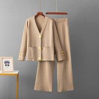 PEACH ACCESSORIES Women's Knit 2 Button-Down Cardigan & Wide-Leg Trousers in Beige
