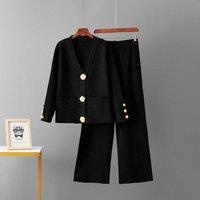 PEACH ACCESSORIES Women's Knit 2 Button-Down Cardigan & Wide-Leg Trousers in Black