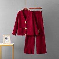 PEACH ACCESSORIES Women's Knit 2 Button-Down Cardigan & Wide-Leg Trousers in Wine