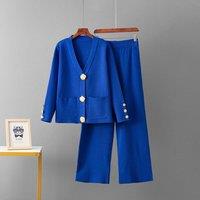 PEACH ACCESSORIES Women's Knit 2 Button-Down Cardigan & Wide-Leg Trousers in Royal