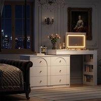 FENCHILIN Structure-Rotatable Dressing Table with LED Lighting Flip Mirror in White