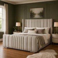Desire Deco Luxury Austin Wingback Panel Bed Frame in Light Beige | Size: Small Double