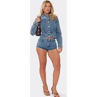 EGO Women's Denim Low Rise Mini Shorts in Mid Blue | Size: 16