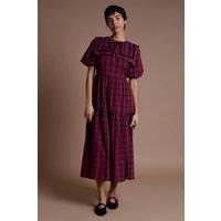Neon Rose Women's Collar Detail Tiered Midaxi Dress in Burgundy Check | Size: XS