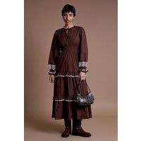Neon Rose Women's Cotton High Collar Tiered Midaxi Dress in Brown | Size: XS