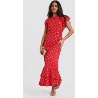 Needs No Label Women's Red Flutter Sleeve Foil Midaxi Dress | Size: 16