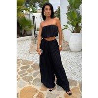 AX Paris Women's Black Pleated Puff Ball Top & Palazzo Trousers Co-ord | Size: 10