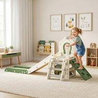AIYAPLAY Foldable 5 in 1 Kids Slide with Climber & Basketball Hoop, Cream