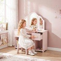 AIYAPLAY Kids Vanity Table & Chair Set with Tri-Folding Mirror for 3+ in Pink