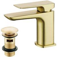 Nes Home Modern Brushed Brass Square Basin Mono Mixer Tap + Waste in Gold
