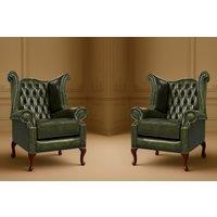 Somnior 2 Leather Chesterfield Wingback Scrolled Arm Chair Set UK Manufactured in Dark Green | Size: 1 Seater