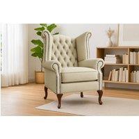 Somnior Chesterfield Queen Anne Scrolled Arm Chair Sherpa Fabric in Light Sand | Size: 1 Seater