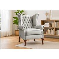Somnior Chesterfield Queen Anne Scrolled Arm Chair Sherpa Fabric in Silver | Size: 1 Seater