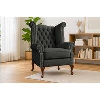 Somnior Chesterfield Queen Anne Scrolled Arm Chair Sherpa Fabric in Charcoal | Size: 1 Seater